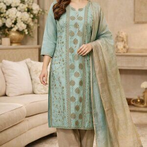 Enchanting Seafoam Green & Taupe Embroidered Kurta Set